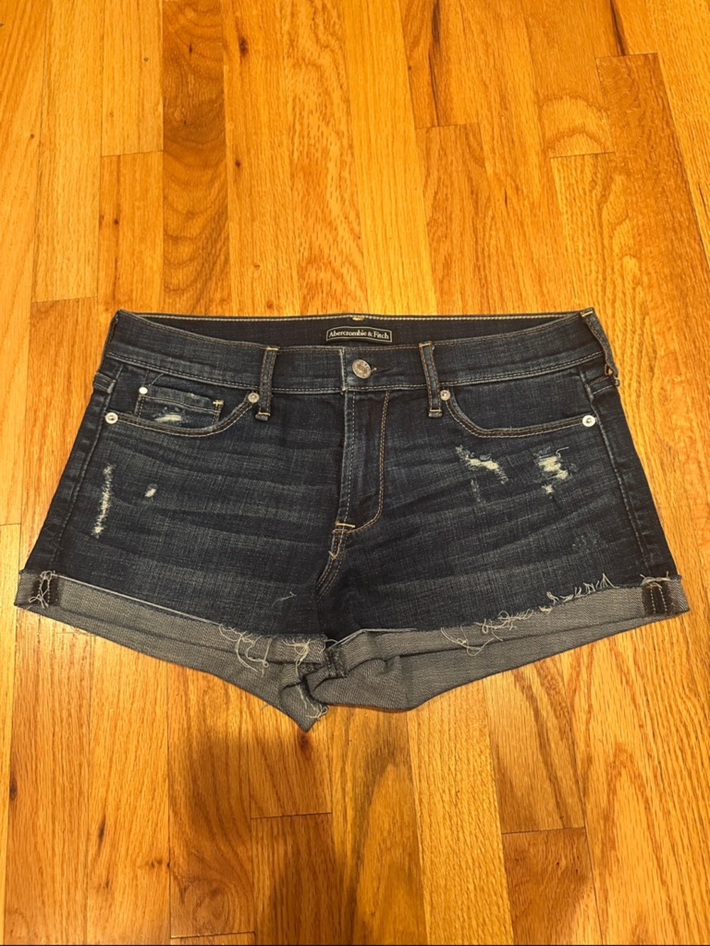 Abercrombie & Fitch Dark Indigo Distressed Denim Shorts